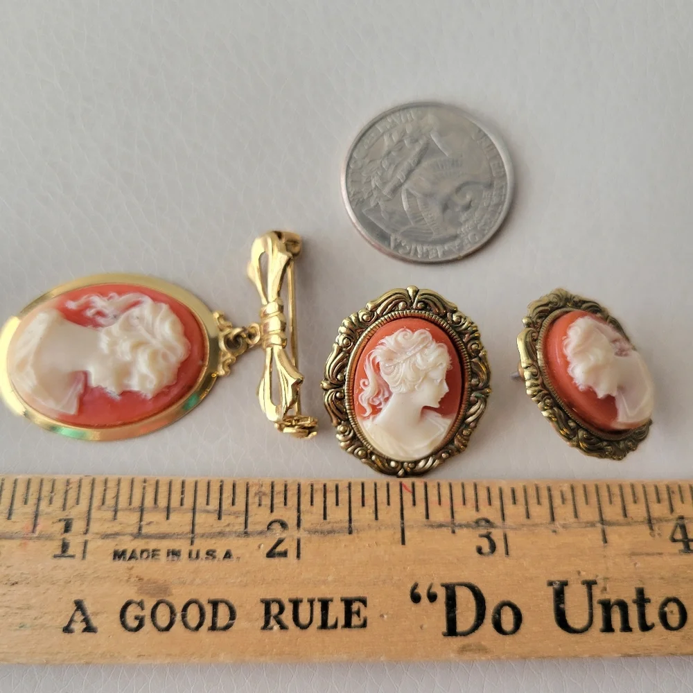 Elegant Cameo Demi Parue ~ Brooch & Pierced Earrings ~ Pretty! ~ Vintage Style